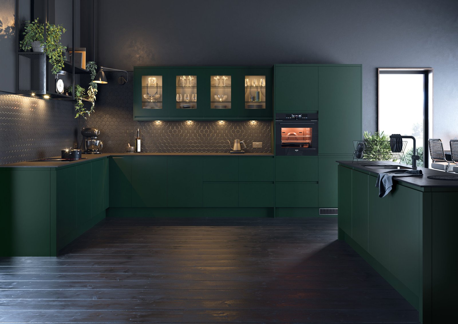 Lucente kitchen in matte fir green color